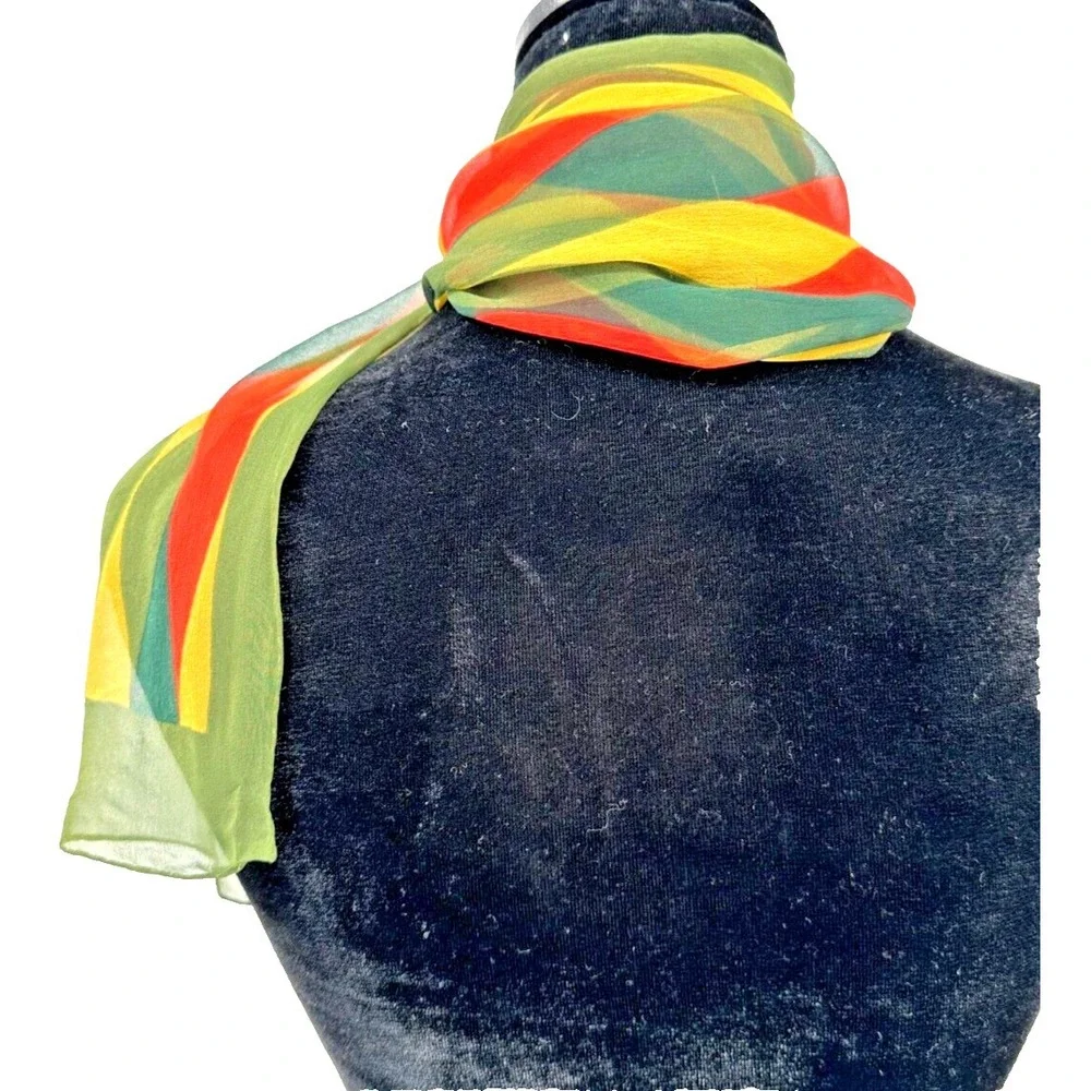 Sally Gee Rectangular Olive Green‎ Retro Geometric Rolled Hem Scarf Japan